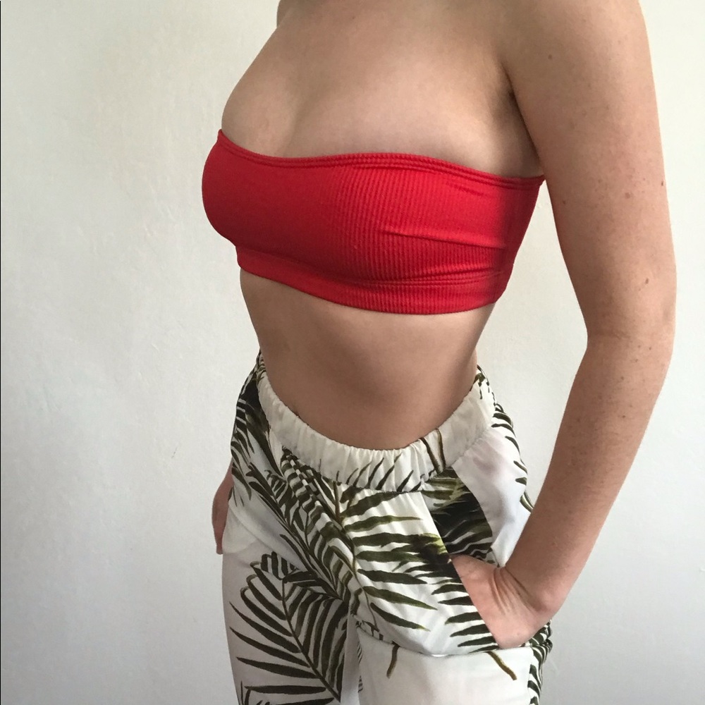 Ribbed Bandeau Bikini Top in Red